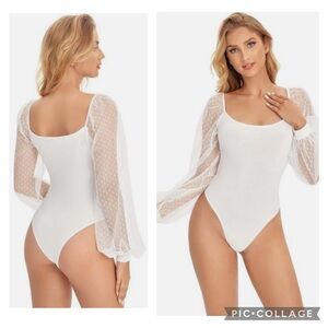 SHEER FASHION POLKA DOT SLEEVE SQUARE NECKLINE WHITE BODYSUIT